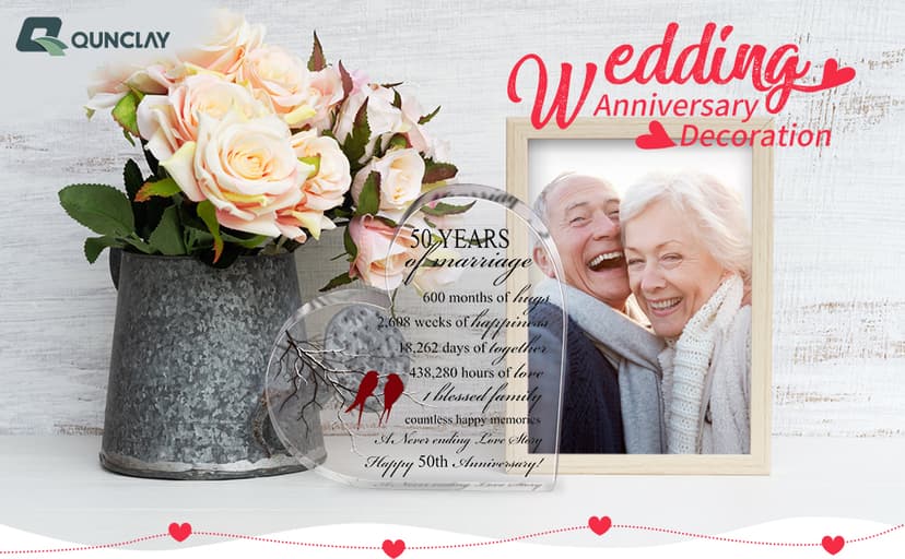 Qunclay 50th Years of Marriage Gift Wedding Anniversary Souvenir Heart Marriage Keepsake Decoration Present for Couple Parent Women Mom Husband Wife He She Friend Grandparents