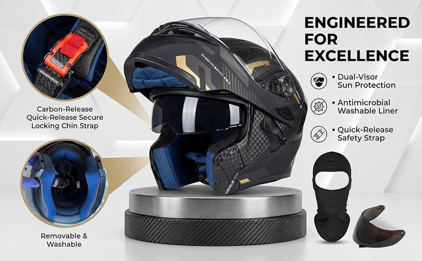Modular Flip-Up Motorcycle Helmet | DOT Approved Full Face Dual Visor Street Bike Helmet with Tinted Visor & Ski Mask for Men & Women | Matte Black
