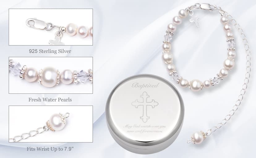 Baptism Bracelet in Sterling Silver and Cultured Pearls for Baby Girls, with Silver-plated Jewelry Keepsake Box, Great Catholic Christening and Baptism Gifts for Girl