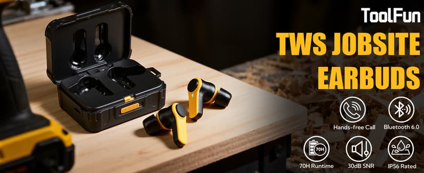 ToolFun Bluetooth 6.0 Jobsite Earbuds, 70H Playtime, IP56 Waterproof, 30dB SNR Noise Cancelling, ENC, Heavy Duty True Wireless Ear Buds for Outdoor Work, Construction with 12pcs Earplugs