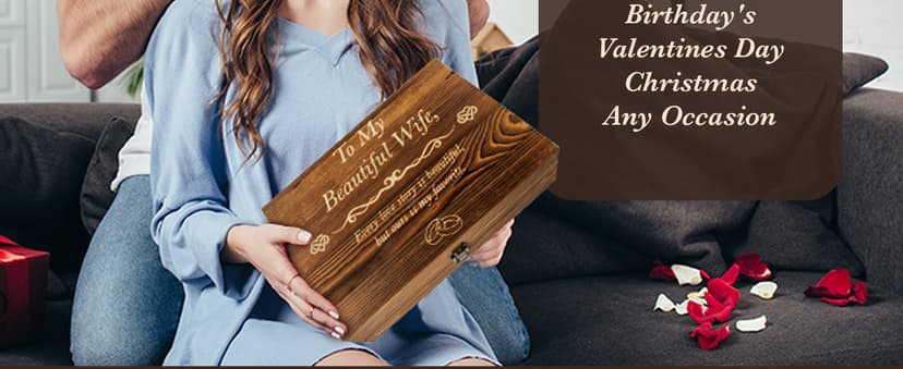 Anniversary for Wife Engraved Wooden Gift Set 'To My Beautiful Wife' Includes Crystal Engraved Heart 24K Gold Dipped Rose for Birthday Gifts