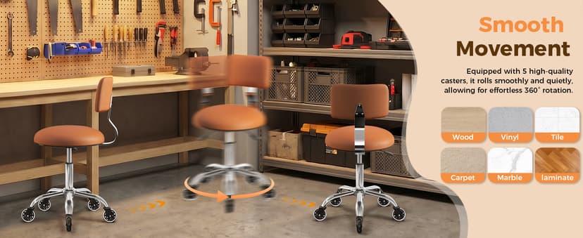 Rolling Stool Chair with Wheels, Office Drafting Chair with Back Support, Height Adjustable Standing Desk Stool with PU Leather Cushion for Home Office Kitchen Vanity Spa Garage Tattoo Dentist, Camel
