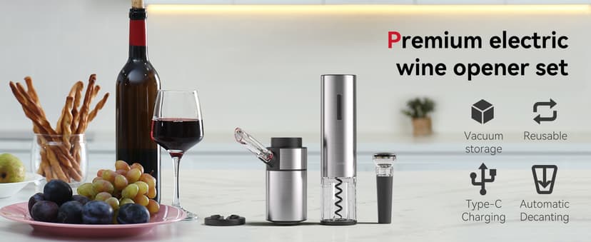 Rechargeable Electric Wine Gift Set - Aerator, Vacuum Stoppers, Foil Cutter and Bottle Opener for Home Bar and Outdoor Parties