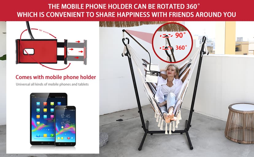 ZEYU Hammock Chair with Stand Double Hammock Chair Bohemian Style with Tassel Mobile Phone Support Manual Adjustable Swing Indoor and Outdoor Garden Porch with Floor mat Reclining Capacity 400 pounds