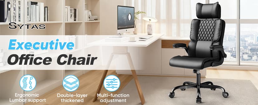 Sytas Ergonomic Office Chair with Adjustable Headrest, Executive Leather Desk Chair with Upgraded Lumbar Support for Lower Back Pain Relief, Thickened Backrest Computer Chair for Home Office, Black