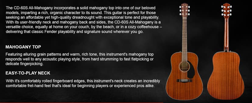 Fender CD-60S Solid Top Dreadnought Acoustic Guitar - All Mahogany Bundle with Hard Case, Tuner, Strap, Strings, Picks, and Austin Bazaar Instructional DVD