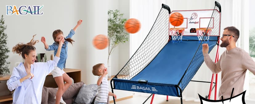 BAGAIL Basketball Arcade Game, Electronic Basketball Shooting Game with 8 Game Modes, Arcade Sounds, Foldable Frame, 4 Balls, Inflation Pump, Ideal Indoor Sport Games for All Players - Dual Shots