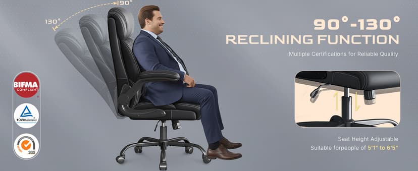 Office Chair-Executive High Back Breathable Big and Tall Office Chair Flip-up Armrests Lumbar Support-Ergonomic Leather Rolling Swivel Chair with Rock Function for Working Studying Gaming,Black