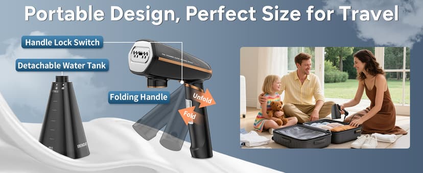 IRONDAY Steamer for Clothes, 1200W Portable Handheld Garment Steamer&Iron 2-in-1 with Fast Heat-up, Auto-Off, 350ml Water Tank, Powerful Foldable Handle Clothes Steamer Compact Size for Travel Home