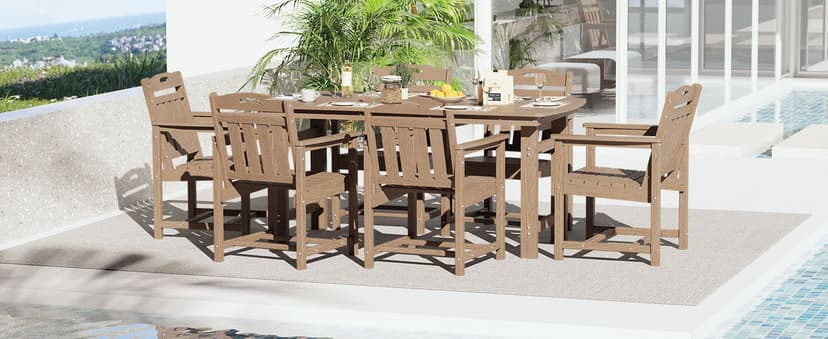 HDPE Outdoor Patio Dining Set with Table & 6 Chairs, All-Weather 7-Piece Outdoor Table and Chairs, 2" Umbrella Hole, Patio Furniture for Garden, Backyard, Deck | Grey