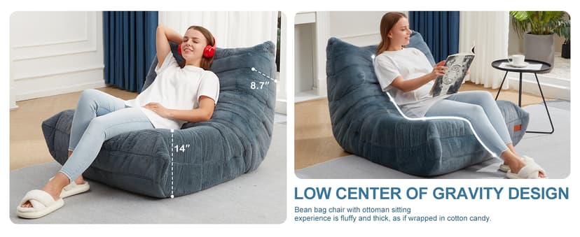 Bean Bag Chairs for Adults Giant Bean Bag Chair Memory Foam BeanBag Chair Bean Bag Sofa with Filler Faux Fur Fireside Beanbags Lazy Sofa for Living Room Bedroom Office (Bluegrey Plush, Single)
