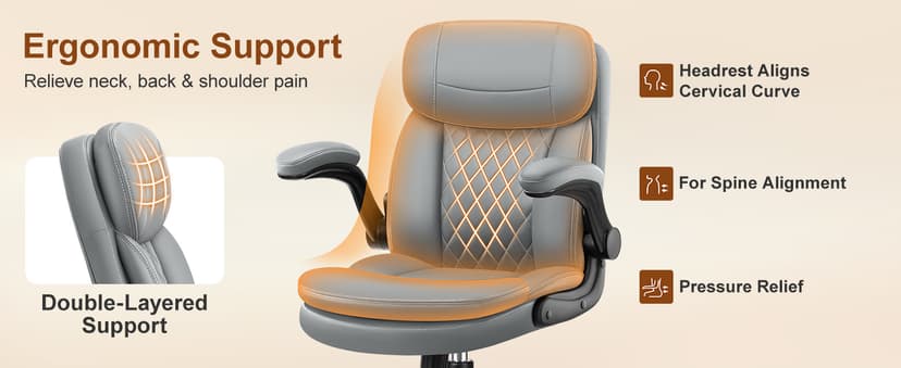 Leather Office Chair, Upgraded PU Computer Desk Chairs with Double-Layer Seat Cushion and Neckrest, 360°Swivel, Ergonomic Small Gaming Chair with Wheels and Adjustable Armrests for Short People, Grey