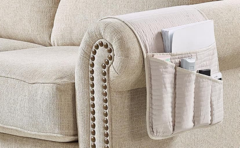 Non Slip Armchair Caddy for Sofa Recliner, Washable Remote Controls Holder, Storage for Magazine, Phone, iPad Brilliant Sunshine Pink Rose & Grey Toile Couch Armrest Organizer, 35"×13" B07X3Z4HYK
