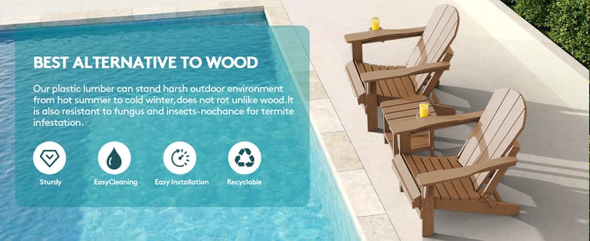 SERWALL Folding Adirondack Chair Set of 2 Outdoor Chairs Painted Adirondack Chair with Cup Holder Weather Resistant for Patio Deck Garden, Backyard Deck, Fire Pit- Brown