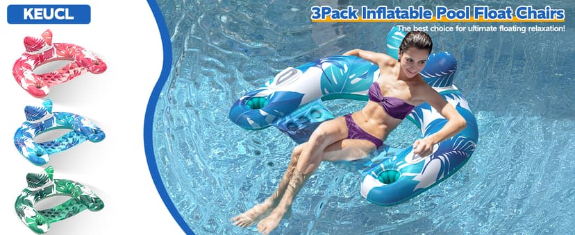 Pool Floats, 3 Pack Inflatable Pool Float Chairs with Cupholders & Handles, Pool Floats Adult & Kids Perfect for Pool Lake & Rivers, Pool Toys Party, Relaxing Inflatable Chair for Swimming Pool