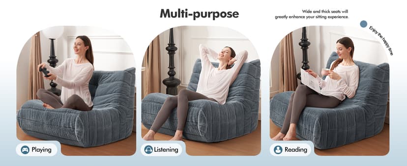 Bean Bag Chair Big Sofa Beanbag Chair for Adults Fireside Chair Bean Bag Lounger with Memory Foam Filled for Home,Apartment or Gaming Venue(Grey Plush Single)