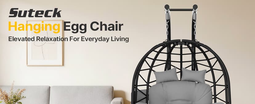 Suteck Double Hanging Egg Chair with Stand, Outdoor Indoor 2 Person Wicker Egg Swing Chair with Cushion, 700lbs Capacity for Patio, Bedroom, Garden - Black