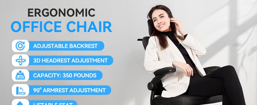 Freepub Ergonomic Office Chair with Headrest 3D, Mesh Office Desk Chair with Adjustable Lumbar Support, Computer Chair with Flip up Armrests, 350LBS Capacity - Design for Home/Offices - Black