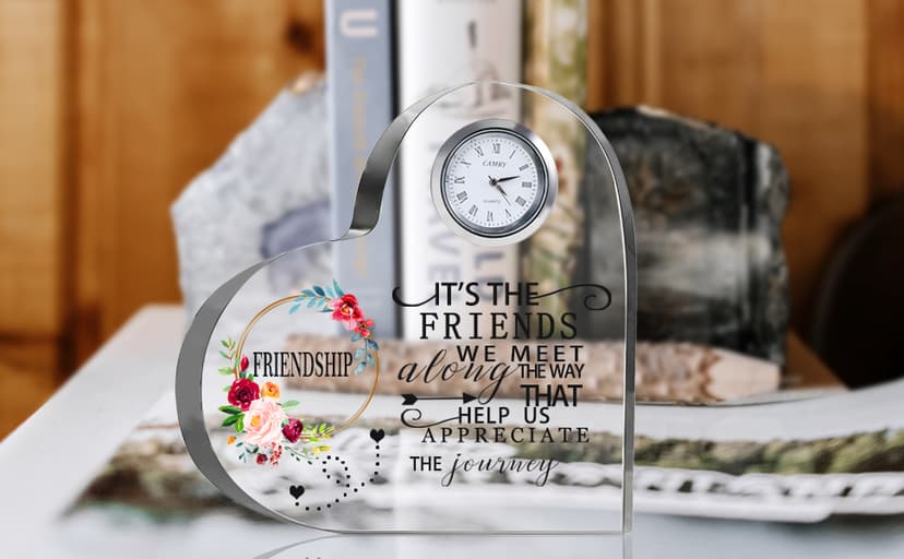 Movdyka Friendship Gifts for Women Friends Crystal Heart 5.9Inch Large Flower Glass with Clock Unique Best Gifts for Women Her Friend Plaque Birthday Gift Idea for Friend Female Presents