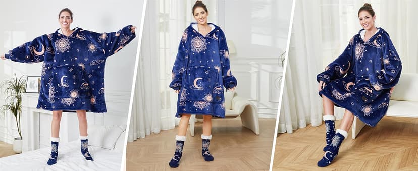 THREE POODLE Wearable Blanket Hoodie for Women, Oversized Sherpa Sweatshirt Blanket for Adults Men, Cozy Hooded Blankets, Gifts for Teen Girls Women Mom Sister