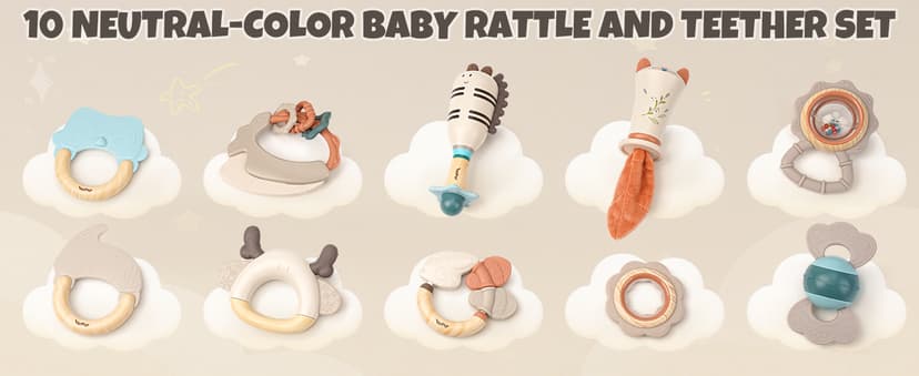 Sensory Toys with Soft Textures, Gentle Sounds & Easy-Grip Shape, Neutral Newborn Gift(10-Pack) Baby Rattles & Teethers Set, Baby Toys 0-6 Months, Teething Toys 3-6 Months B0F62MWKGD