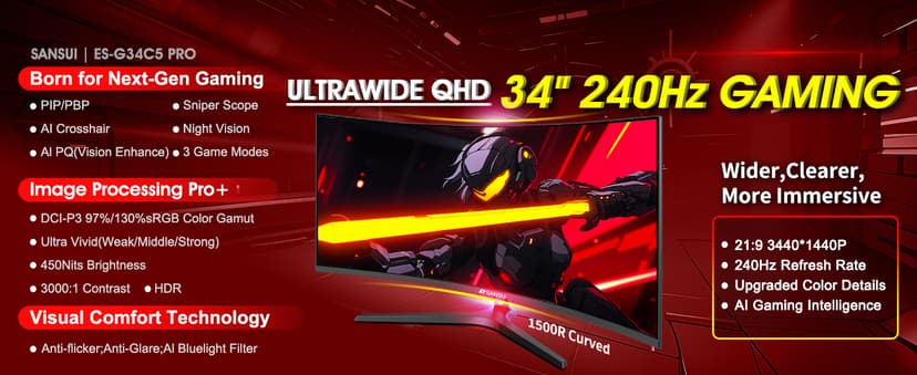 SANSUI 34 Inch 240Hz Ultrawide Curved Gaming Monitor UWQHD 3440×1440, 21:9 2K Curved Monitor 1500R,HDR400,Fast VA, PIP/PBP,AI Crosshair,AIPQ(Visual Enhance),MPRT 1ms,HDMI2.1 * 2,DP1.4 * 2