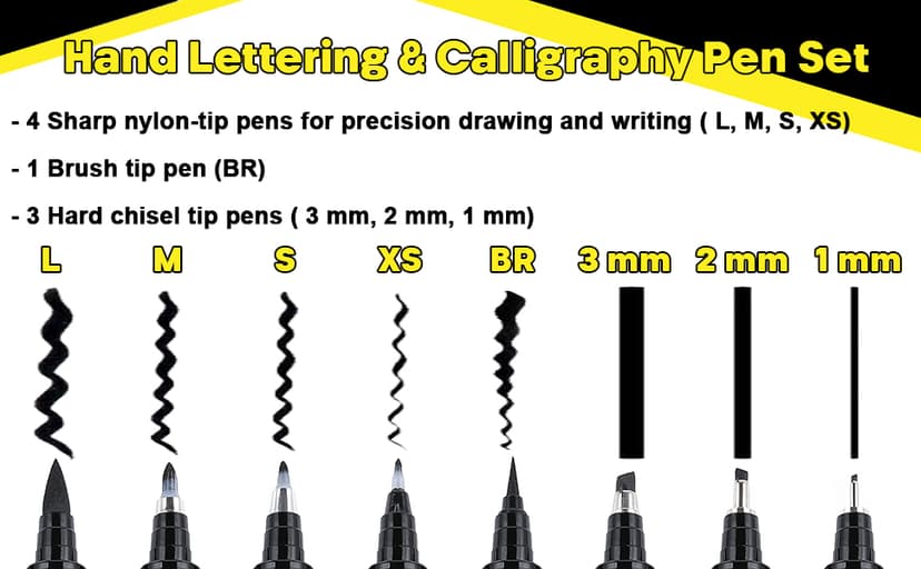 Dyvicl Hand Lettering Pens, Calligraphy Brush Pens Art Markers for Beginners Writing, Sketching, Drawing, Illustration, Scrapbooking, Journaling, Black Ink Pen Set, 8 Sizes