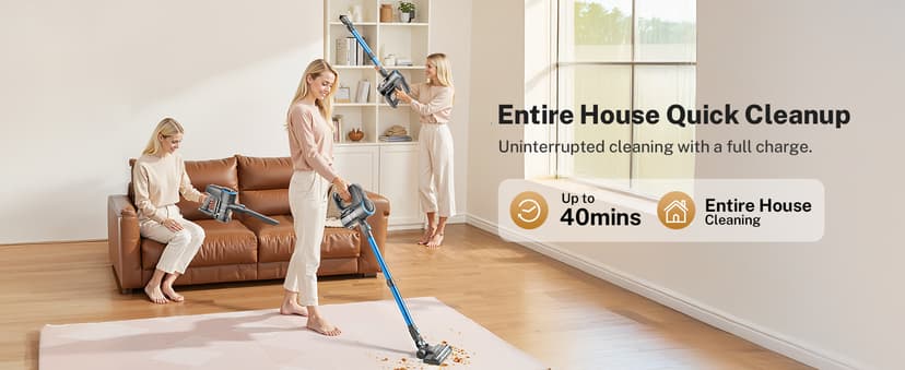 DEVOAC N300 Cordless Vacuum Cleaner, 6 in 1 Lightweight Stick Vacuum, 2200mAh Battery Up to 40mins Runtime, Powerful Handheld Vacuum for Hard Floor Rug Pet Hair Home Dorm (Blue)