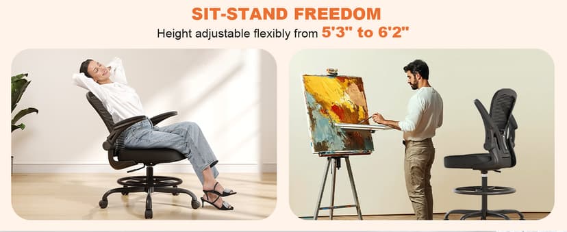 Ergonomic Drafting Chair, Tall Office Chair with Flip-up Armrests, Breathable Mesh High Desk Chair with Lumbar Support Adjustable Footrest Ring for Standing Desk Black