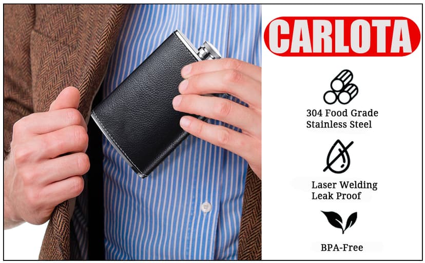 Hip Flask Gift Set, Hip Flasks for Liquor for Men with Black Leather Cover, 8 Oz Hip Flask Set, 18/8 Stainless Steel Hip Flasks for Liquor with 2 Cups & Funnel, Flasks for Liquor for Men Gift Box1