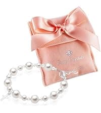 Baby Crystals Pearl Bracelets for Girls, Sterling Silver Cross Charm, Baptism Gifts for Girl, Baby Bracelet with Simulated White Pearls and Crystals, Girls Jewelry Birthday Gift