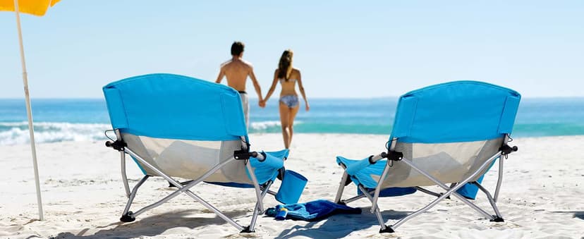 AKSOUL Folding Beach Chair for Adults: Low/High Back Chairs with Carry Bag - Extra Wide Seat Chair with Comfortable Pillow & Storage Pocket (1 Pack & 2 Pack, Blue)