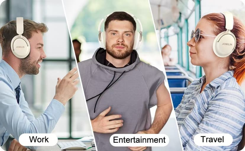 JOMILIN C5 Active Noise Cancelling Headphones, Wireless Over Ear Bluetooth Headphones, 3EQ Modes via Button, 60H Playtime Lightweight Folding Stereo Bass Headset with Mic, for Travel Home Beige White