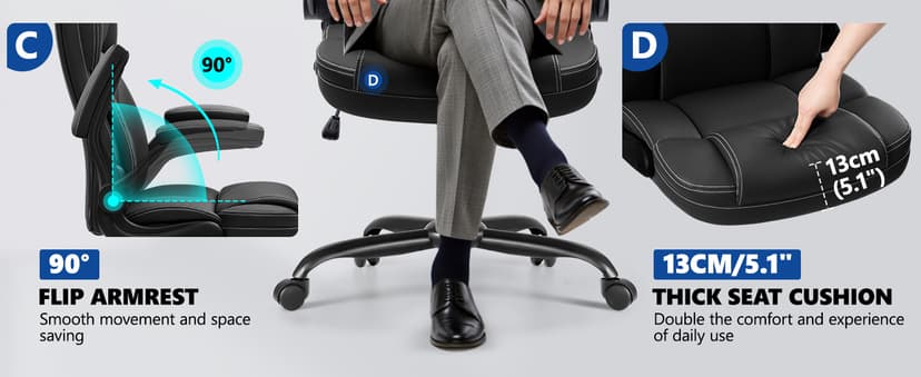 PU Leather Executive Office Chair, Ergonomic High-Back Computer & Gaming Chair with Adjustable Height, Rolling Swivel & Flip-Up Armrests, Comfy Padded Seat for Home Office-Black