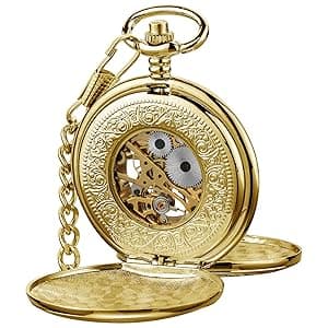 VIGOROSO Vintage Hand Wind Up Pocket Watches for Men, Mechanical Pocket Watch with Chain, Mens Skeleton Pocketwatch