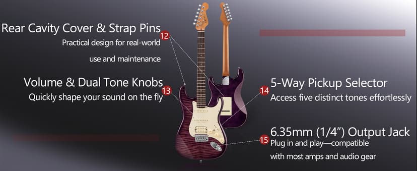 AKLOT Beginner Electric Guitar Kit: 10W Amp, Coil-Split HSS Pickups, Lesson Book, Roasted Maple Neck, Gig Bag, Tuner, Strap, Picks, Stryde Violet Venom