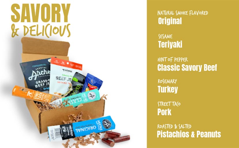 Manly Munch Box Jerky Gift Box, Curated Assortment of High Protein Snacks, Beef & Turkey Jerky Variety Pack Gift Set, Exotic Meat Gift for Men & Women