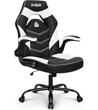 N-GEN GAMING Video Gaming Chair with Footrest Lumbar Support for Home Office High Back Recliner Height Adjustable Ergonomic Comfy Leather Computer Desk Chair (White)