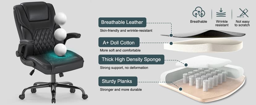 AnyGod Executive Office Chair, Comfy Ergonomic Computer Desk Chairs with Flip-up Armrests, Lumbar Support, High Back, 360° Swivel and Rocking Function for Home Office