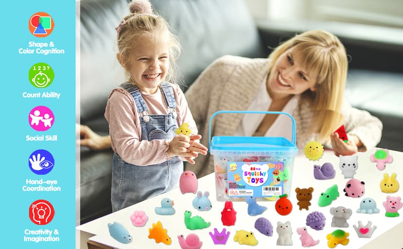 80Pcs Party Favors for Kids 4-8, Kawaii Squishies Mochi Squishy Toy Bulk Fidget Sensory Toys Birthday Gifts for Boys Girls Goodie Bag Christmas Stocking Stuffers Treasure Box Classroom Prizes