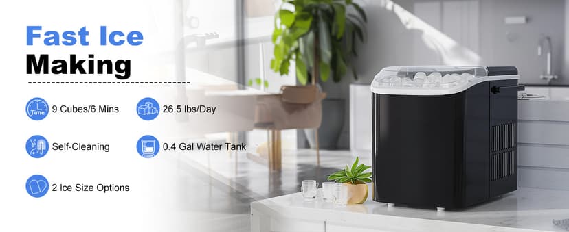 NEWBULIG Ice Makers Countertop with Handle, Portable Ice Machine, 9 Bullet Cubes in 6 Mins, 26lbs in 24Hrs, Auto-Cleaning, with Basket and Scoop, for Home, Kitchen, RV, Camping, Black