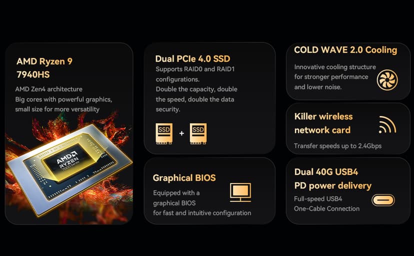 MINISFORUM Venus UM790 Pro Mini PC AMD Ryzen 9 7940HS up to 5.2 GHz 32 GB DDR5 1 TB SSD Radeon 780M Graphics, 4X USB3.2, 2X USB4, 2X HDMI 2.1, PCIe4.0x2, BT5.3, RJ45 2.5G