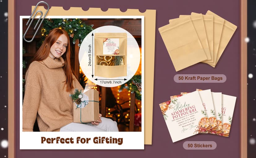 Stand up Simmer Pot Potpourri Pouches Instruction Sticker Clear Window Craft Fragrance for Party Holiday DIY Simmering Gift 100 Pcs 50 Set Christmas Potpourri Bags Simmer Pot Kraft Paper Bag B0FGJWV8BJ