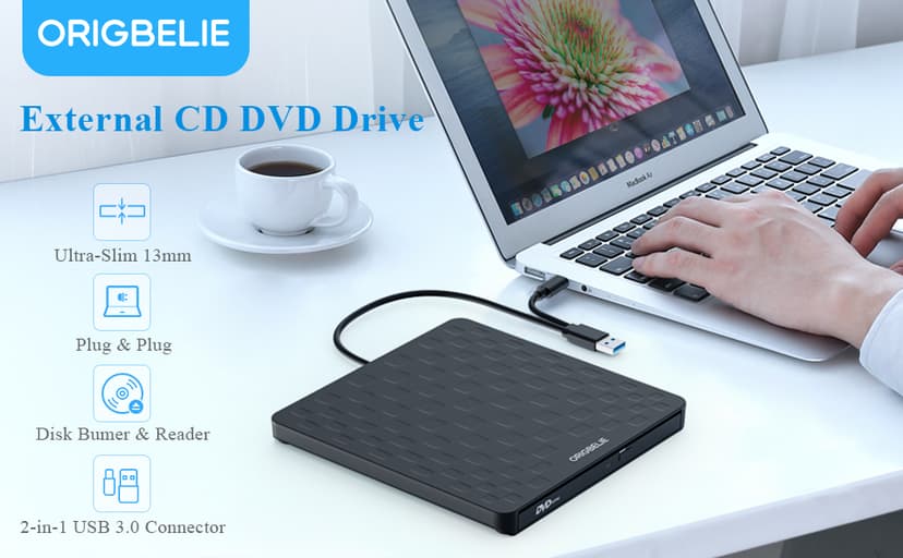 ORIGBELIE External CD DVD Drive for Laptop, USB 3.0 Type-C Ultra Slim 13mm DVD Player Portable CD DVD +/-RW Drive CD Burner Reader Writer Recorder for Desktop PC Windows 11/10/8/7 Linux Mac OS (Black)