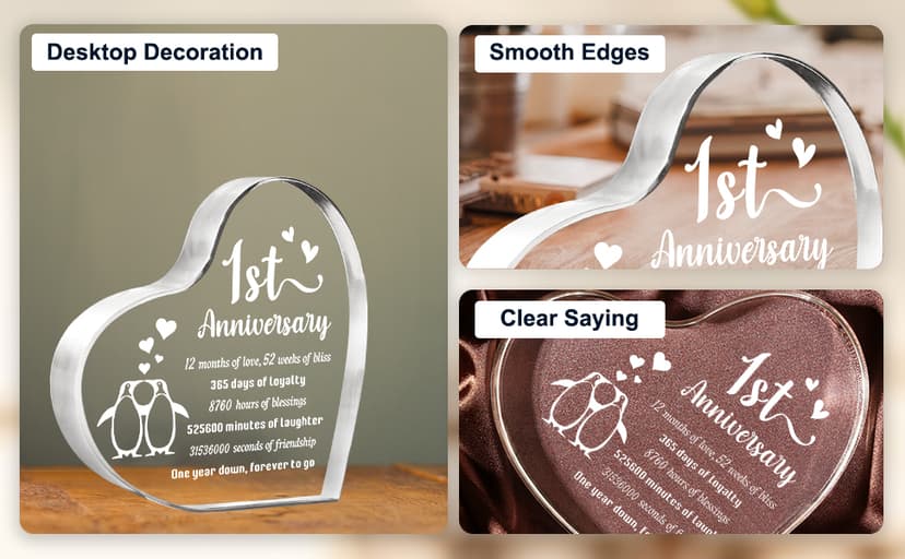 1 Year Anniversary Wedding Gifts for Boyfriend Girlfriend, One Year 1st Anniversary Romantic Gifts for Him Her, Heart Shaped Acrylic Block for Couple Husband Wife, Penguin Keepsake