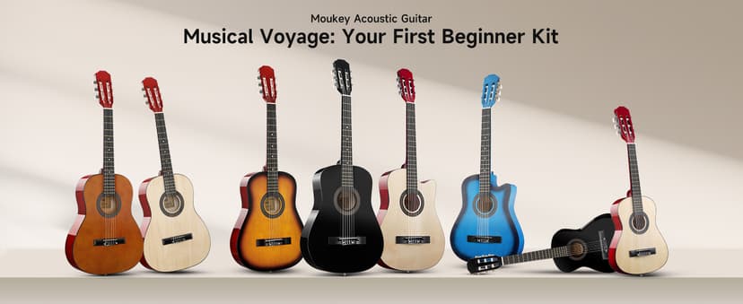 Moukey 36" Acoustic Guitar for Beginners Kids Youth 3/4 Size Dreadnought Travel Guitarra Acustica Kit with Chord Poster, Gig Bag, Tuner, Picks, Nylon Strings, Capo, Strap - Brown