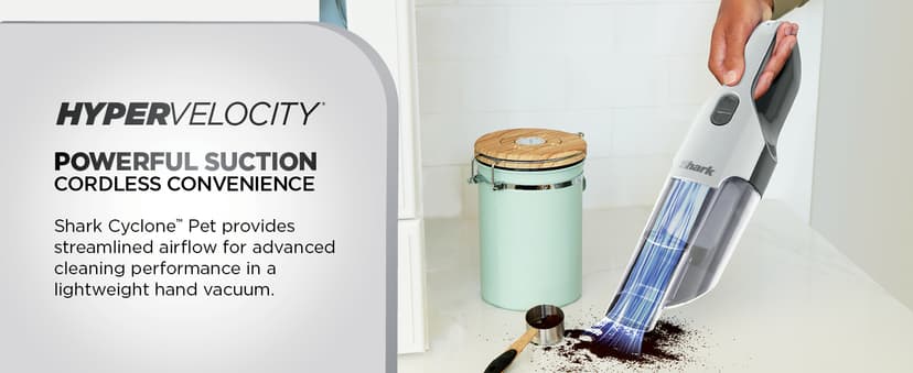 Shark Cyclone PET Handheld Vacuum with, HyperVelocity Suction, Powerful Pet Hair Pickup, Lightweight, XL Dust Cup, Including Upholstery Tool, 8" Crevice Tool, Scrubbing Brush, Pearl White, AA701