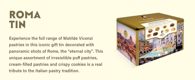 Matilde Vicenzi Roma Cookie Gift Tin - Italian Pastries & Cookies in Individually Wrapped Trays - Bakery Dessert Gifts For Birthdays, Thank You, Get Well and Every Special Occassion - Puff Pastry, Assorted Cookies in Italian Design Gift Tin 32.5oz (920g)