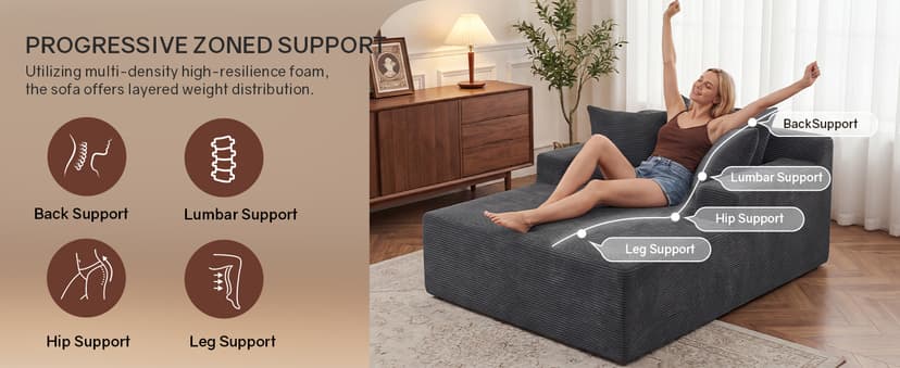66" Chaise Lounge Chair Indoor, Oversized Boneless Lounge Chair with 3 Pillows, Corduroy Cloud Reading Chair for Living Room Bedroom, Deep Seat Sleeper Couch, No Assembly Required