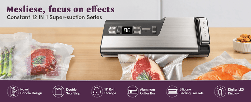 Mesliese Vacuum Sealer Machine, Powerful 95kPa 140W One Hand Operation Food Sealer, Double Seal Strip with Build-in Cutter & Countdown Display